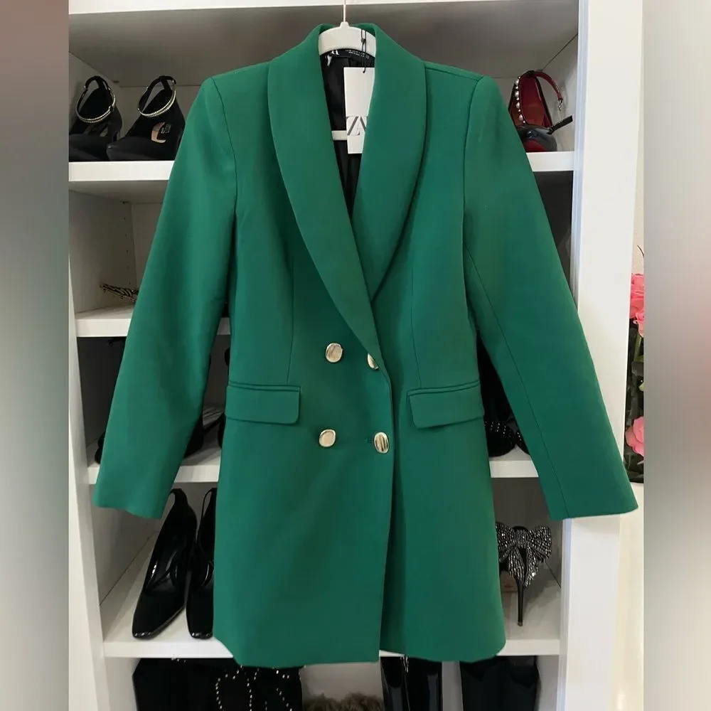NWT  WOMEN'S DOUBLE BREASTED LONG BLAZER DRESS Green SIZE XS
